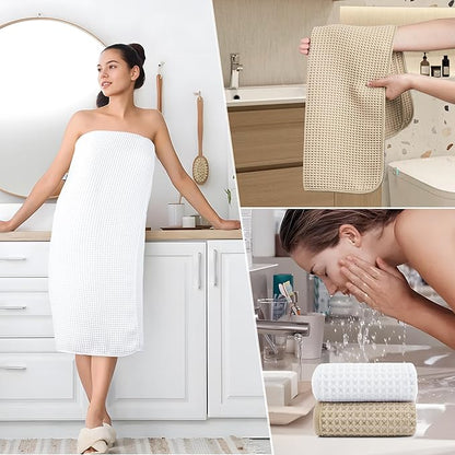 POLYTE 430 GSM Microfiber Quick Dry Lint Free Oversize Bath Towel Set, 6 Piece (Waffle Weave)