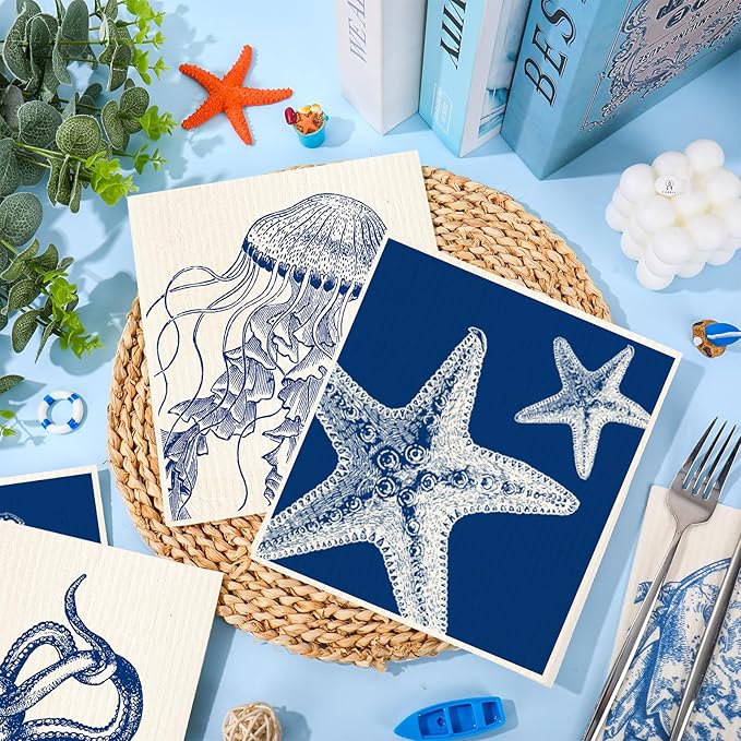 Whaline 6 Pcs Summer Swedish Dishcloths Cotton Kitchen Towels Octopus Seahorse Starfish Turtle Jellyfish Reusable Absorbent Dish Towels for Ocean Birthday Party Housewarming Cleaning, 7 x 8 Inch