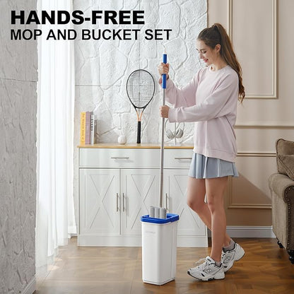 Mop and Bucket Set, Mops for Floor Cleaning with Long Handle, Squeeze Flat Mop and Bucket System, Dry & Wet Dust Mop for Household Floor Cleaning with 5 Microfiber Mops, Slate Blue