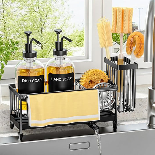 Kitchen Soap Dispenser Set with Sponge Holder and Towel Rack, 17OZ Glass Bottle, Hand and Dish Soap Dispenser Set, Non-Slip Silicone Pad, Brush Holder, Sink Organizer Countertop (Transparent)