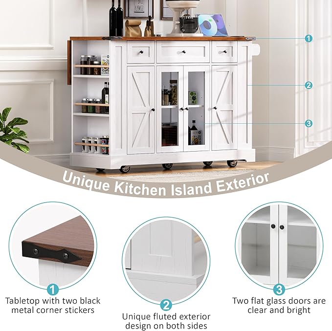53" Farmhouse Kitchen Island with 2 Tempered Glass Cabinet Doors, Power Outlet, Rolling Kitchen Cart on Wheels with Drop Leaf, 5 Open Side Racks, 3 Drawers, for Kitchen, White