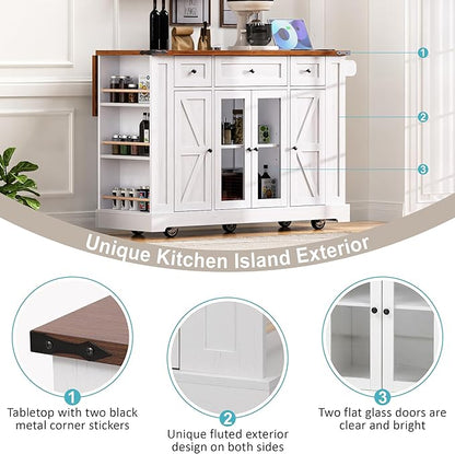 53" Farmhouse Kitchen Island with 2 Tempered Glass Cabinet Doors, Power Outlet, Rolling Kitchen Cart on Wheels with Drop Leaf, 5 Open Side Racks, 3 Drawers, for Kitchen, White