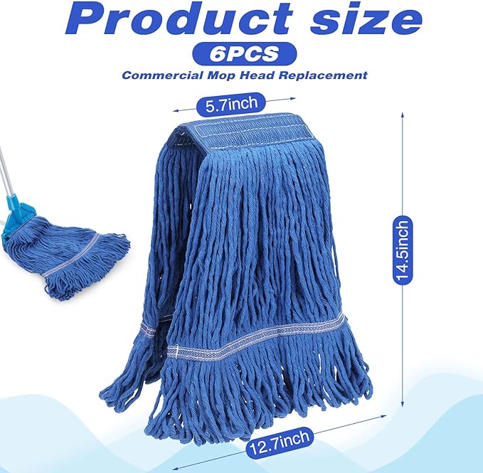 Nuogo 6 Pcs Commercial Mop Head Replacement Floor Cleaning Wet Mop Head Refills Heavy Duty Commercial General Cleaning(Blue)