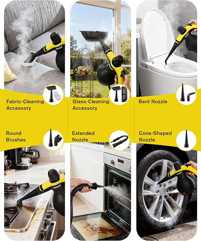 Handheld Steam Cleaner, 1050W Multipurpose Portable Steam Cleaner with 10 Accessories, Chemical-Free High Pressure Steamer for Tile, Grout, Floor, Kitchen, Bathroom, Windows