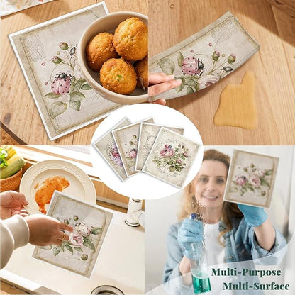 Swedish Dishcloths for Kitchen, Vintage Floral Swedish DishCloths, Papaya Reusable Paper Towels Washable, 4 Pcs Dish Towels for Kitchen Party Home Housewarming Cleaning Cloths