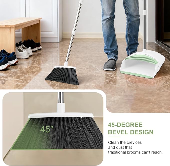 BSKLIN Broom and Dustpan Set, Broom with Dustpan Combo Set with Teeth to Clean Pet Hair 52-in Long Adjustable Handle Broom for Home Office Kitchen Lobb (Green)