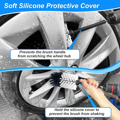 Wheel Brush Kit, Soft Drill Wheel Cleaner Brush, No Scratches Highly Dense Car Cleaning Brush Set for Wheels, Rims, Engines, Exhaust(White/Black,2Pcs)