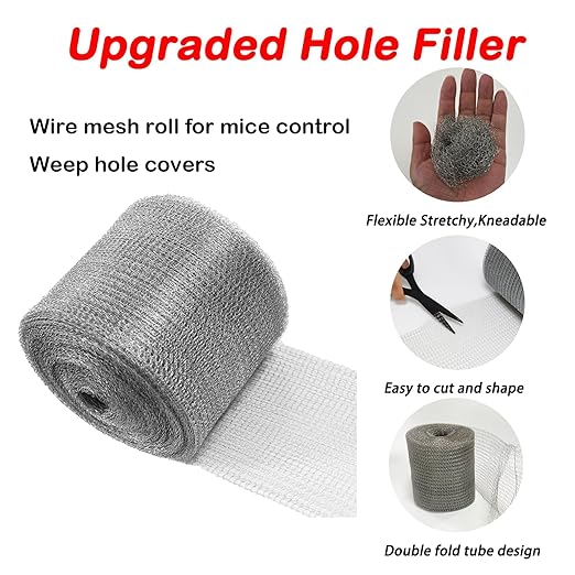 Wire Mesh for Mice Control 5 in X 53Ft,Upgraded Steel Wool Mice Control and Copper Mesh,Hole Fill Mesh Fabric,Weep Holes Covers,Stainless Steel Wire Mesh Roll Not Rusty, Rodent Tape Mesh Barrier