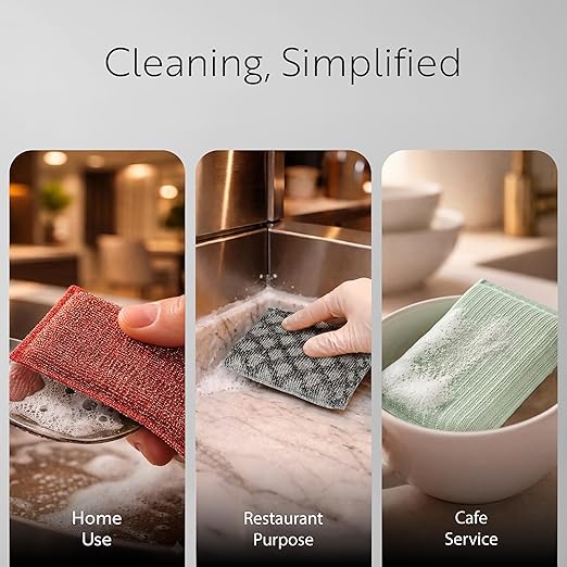 Restaurantware Scouring Pad 3 Count 5.5 x 3.9 Inches Plastic Steel Wool Sponge Metal Scrubber Durable Odor Free Scrubber Multi-Color Blue+Beige+Green Household Cleaning Sponge