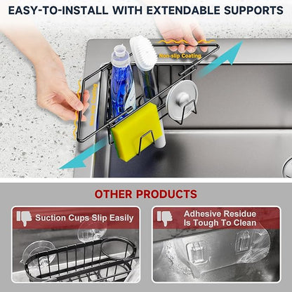 NiHome Extendable Arm Stainless Steel Kitchen Sink Corner Caddy, Easy Install Space-Saving Adjustable Sponge Holder, Non-Slip Rust-Resistant for Brushes, Soap, Sponges (Black)