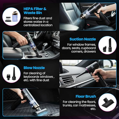 Portable Mini Vacuum Cleaner, Dual Power Suction 7.5K & 12K Pa with Blower, Inflator & Suction Power Best Cleaning Tool for Home, Office, Kitchen & Car