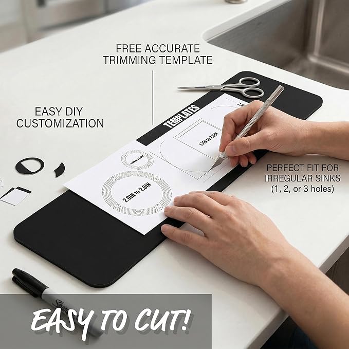 Cuttable Kitchen Sink Faucet Mat: 2PCS 30"Lx5.5"W DIY Splash Guard for Irregular Sink 2, 3 holes, Soap Dispenser & Air Gap - Bathroom Counter Protector Drip Catcher with Pre-Cut Center Hole, Black