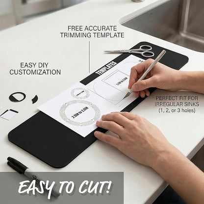 Cuttable Kitchen Sink Faucet Mat: 2PCS 30"Lx5.5"W DIY Splash Guard for Irregular Sink 2, 3 holes, Soap Dispenser & Air Gap - Bathroom Counter Protector Drip Catcher with Pre-Cut Center Hole, Black