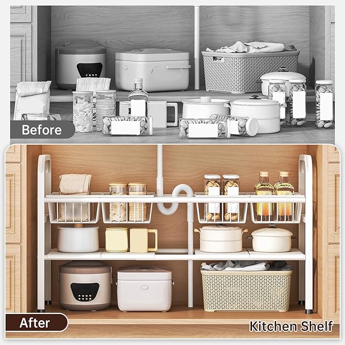 Under Sink Organizer Bathroom 2 Tier,Expandable and Height Adjustable Under Kitchen Sink Organize with Cupboard Shelf,for Kitchen, Bathroom,Laundry Pantry Cabinet,Apartment,White