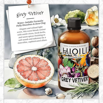HIQILI Grey Vetiver Diffuser Oil, Fast Diffusion for Large Spaces, Pet - Safe, Suitable for Home and Other Scenarios - 3.38 Fl Oz