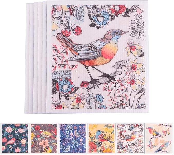 Polly Online Swedish Dishcloths for Kitchen,6 Pack Cloth Paper Towels Reusable Washable,Super Absorbent Dish Towels,No Odor,Biodegradable,Flowerbirds Design