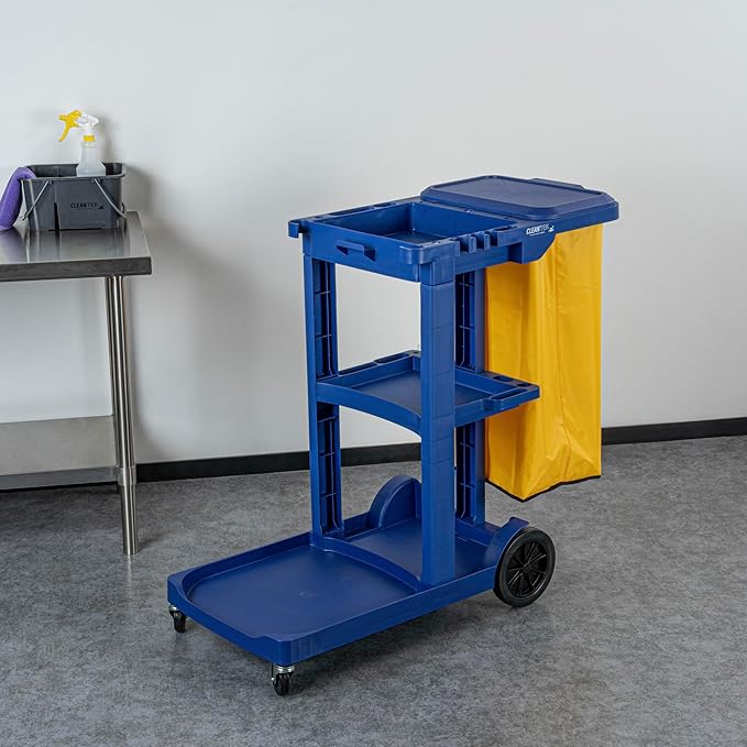 Restaurantware-Clean Tek Professional Janitor Cart with Wheels, 1 Cleaning Trolley with Cover and 18 Gallon Bag - 3 Shelves, Heavy-Duty, Blue Plastic Commercial Janitorial Cart, for Restaurants