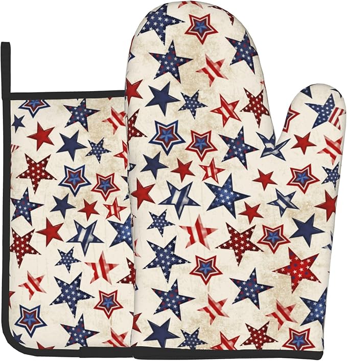 Patriotic Stars Oven Mitts - 4th of July Kitchen Mitts Pot Holders Sets of 2 Red White and Blue Hot Mitts Independence Memorial Day Hot Pads for Cooking Baking Grilling