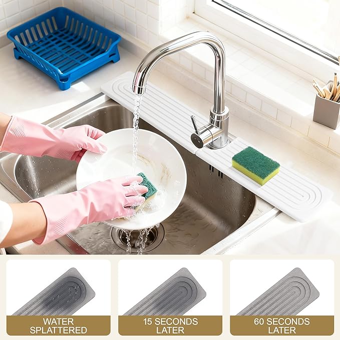 23.6"*3.9" Large size Stone faucet mat for Kitchen sink, Kitchen sink splash guard, Bathroom sink faucet mat, Drying tray for Kitchen Counter & Bathroom vanity, Soap dish Soap tray Vanity tray (grey)
