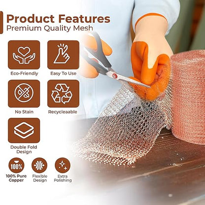 Copper Mesh Rodent Control, 5in x 402ft- Rustproof Copper Mesh Roll for Rodent, Bat & Snail - Perfect for Hole Blocking, Gardening & Sealing Water Opening - Plus Bonus Scissor & Gloves