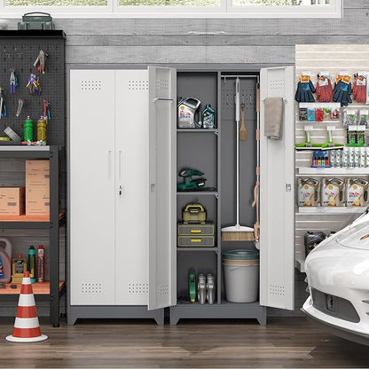 Metal Storage Cabinet with Lockable Doors, 65" Steel Utility Cabinet for Garage & Home Office, Tall Broom Closet with Adjustable Shelves, Vents & Cable Hole for Tools, White/Grey