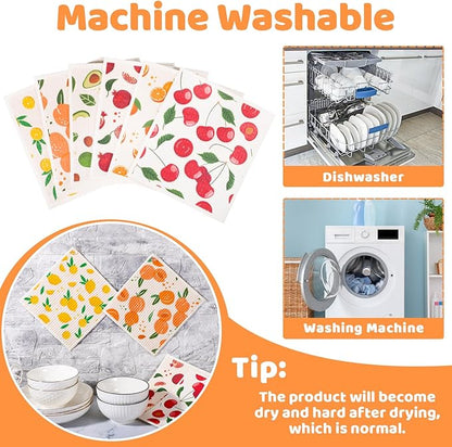 Needbrock 6 Pack Fruit Swedish Dishcloths for Kitchen,Swedish Rags Dish Towels with Clips, Reusable Paper Towels Washable Absorbent Cellulose Sponge Cloths for Countertop Dishes Cleaning