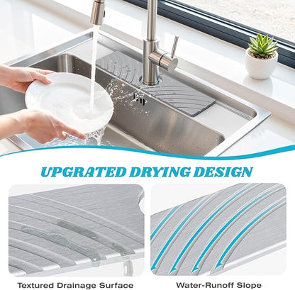 SpaceHacks Stone Faucet Mat for Kitchen Sink - Fast Drying Diatomite Stone Drying Mat, Textured Drainage Sink Protector, Water Splash Guard with Base Pads for Bathroom Counter (15.7x4 in, Light Gray)