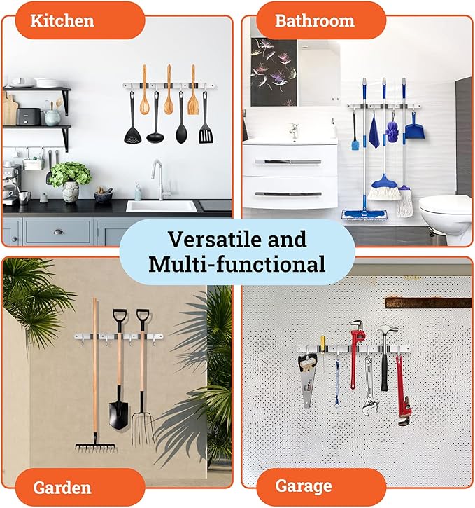 Homely Center Mop and Broom Holder Wall Mount – Heavy-Duty Closet Organizer for Garage, Kitchen, Laundry Organization – Tool Hanger with 3 racks and 4 hooks