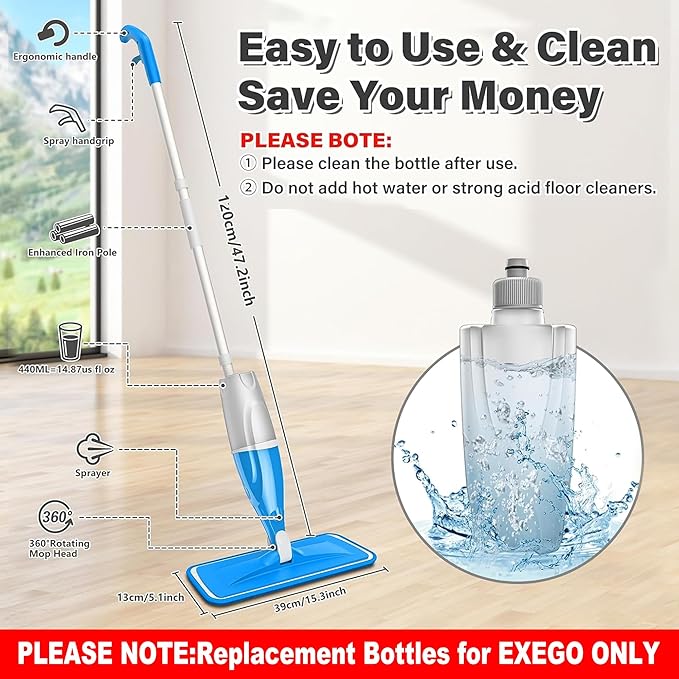 EXEGO 440ML Refillable Spray Mop Replacement- DO NOT SUITABLE FOR OTHER BRAND SPRAY MOP - Water Tank for Multi-Surface Floor Cleaning