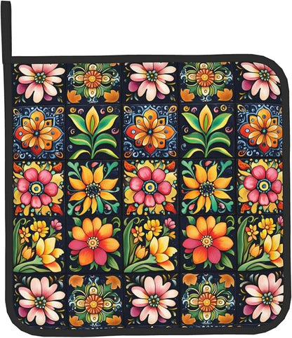 Mexican Oven Mitts and Pot Holders - Colorful Flowers Kitchen Mitt Sets of 2 Boho Oven Gloves Hot Pads for Cooking Baking Grilling