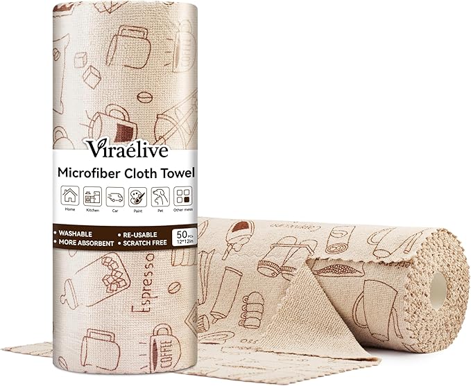 Microfiber Cleaning Cloth Roll, 50 Tear-Away Sheets, Reusable & Washable, Lint-Free, Non-Scratch, Highly Absorbent Barista Towels for Kitchen, Home, Bar, Studio & More, 12x12 in