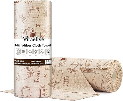 Microfiber Cleaning Cloth Roll, 50 Tear-Away Sheets, Reusable & Washable, Lint-Free, Non-Scratch, Highly Absorbent Barista Towels for Kitchen, Home, Bar, Studio & More, 12x12 in