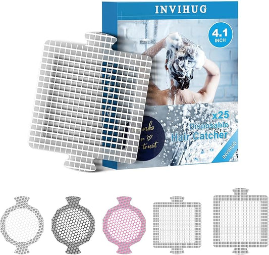 25 Pack, Disposable Shower Drain Hair Catcher Mesh Stickers,Disposable Hair Drain Catcher. (4.1inch Square)