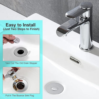 Universal Bathroom Sink Stopper - Stainless Steel Bounce Drain Filter, Pop Up Drain Stopper, Bullet Core Push Type Sink Stopper for Wash Basin, Sink Drain Plug with Anti-Clogging Strainer, Chrome