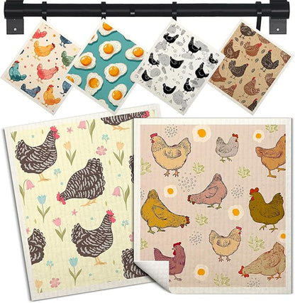 Swedish Dishcloths for Kitchen | 6 Pack Floral Reusable Paper Towels Washable | Swedish Dish Towels | Non-Scratch Cellulose Sponge Cloths | No Odor, Biodegradable Cleaning Cloths, Chicken