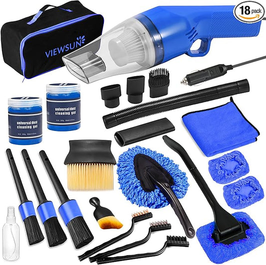 18PCS Car Cleaning Kit, Car Interior Detailing Kit with Blue High Power Handheld Vacuum, Detailing Brush Set, Windshield Cleaner, Cleaning Gel, Complete Auto Accessories for Men, Women