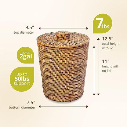 KOUBOO La Jolla Rattan Round Waste Basket With Lid & Plastic Insert, 2 Gallon Woven Wastebasket for Bathroom, Kitchen, Office, Living Room, & Home Decor, Honey Brown