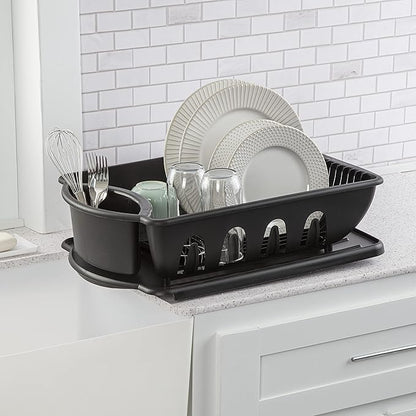 Sterilite Large 2 Piece Sink Set, with Drainboard for Drying, Holds Clean Dishes in the Kitchen such as Plates, Cups, and Silverware, Black, 6-Pack
