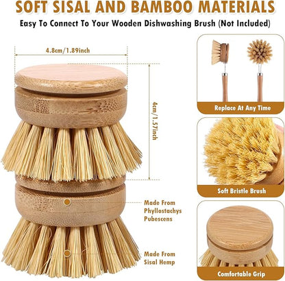 6pcs Bamboo Dish Brush Replacement Heads, Wooden Dish Brushes for Cleaning – Kitchen Wood Dish Scrubbers Washing Up Brush Heads – Natural Bristle Brush Refills for Dishes, Pots – Eco Friendly