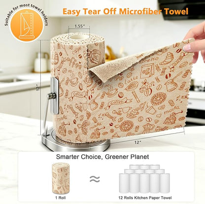 Microfiber Cleaning Cloth Roll, 50 Tear-Away Sheets, Reusable & Washable, Lint-Free, Non-Scratch Highly Absorbent,Cleaning Cloths for Kitchen, Home, Car & Windows, Food Pattern, 12 x 12 in