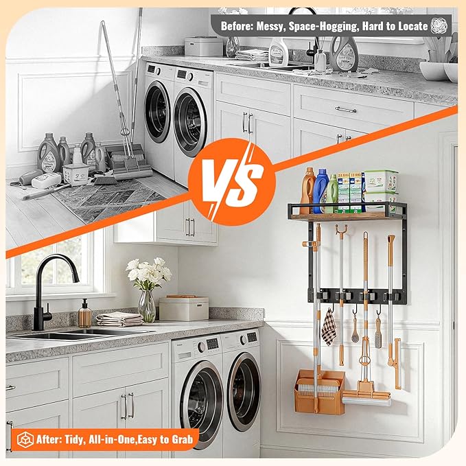 2 Packs Broom Holder Wall Mount with Shelf Load 66LBS Broom and Mop Organizer Wall Hanging Broom Hanger with 4 Mop Hanger Grippers, 3 Hooks for Laundry Room, Garage, Utility Closet, Kitchen