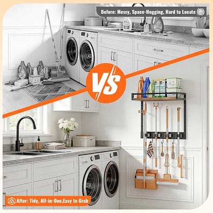2 Packs Broom Holder Wall Mount with Shelf Load 66LBS Broom and Mop Organizer Wall Hanging Broom Hanger with 4 Mop Hanger Grippers, 3 Hooks for Laundry Room, Garage, Utility Closet, Kitchen