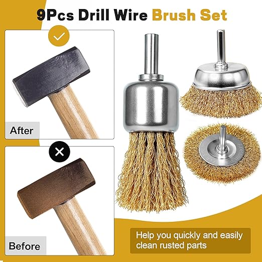 9 Pcs Carbon Steel Wire Brush for Drill Rust Removal Kit,Wire Wheels and Pen Metal Wool Brushes Drill Attachments Cup for Corrosion and Scrubbing Surfaces,1/4-Inch Round Shank