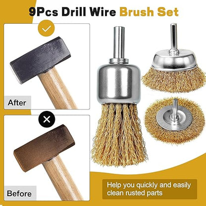 9 Pcs Carbon Steel Wire Brush for Drill Rust Removal Kit,Wire Wheels and Pen Metal Wool Brushes Drill Attachments Cup for Corrosion and Scrubbing Surfaces,1/4-Inch Round Shank
