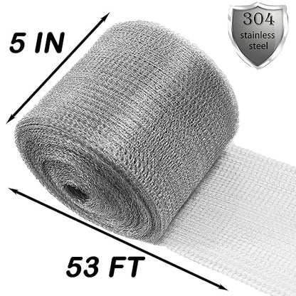 Wire Mesh for Mice Control 5 in X 53Ft,Upgraded Steel Wool Mice Control and Copper Mesh,Hole Fill Mesh Fabric,Weep Holes Covers,Stainless Steel Wire Mesh Roll Not Rusty, Rodent Tape Mesh Barrier