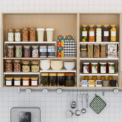 Stackable Expandable Metal Shelf Organizer - Adjustable Wire Storage Rack with Holes for Kitchen, Bathroom, Cabinet, Office - Space Saving, Durable & Sturdy Design（3PACKS/Large/White