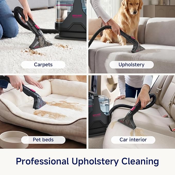 Portable Carpet Cleaner，18kPa Handheld Spot Cleaner for Upholstery and Car Interior，Cordless Pet Stain Remover with 500ml Tank，Lightweight for Sofa，Couch，Stairs，Mattress，Black and Pink