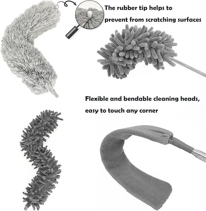 5-in-1 Microfiber Duster with Extension Pole (30-100") Kit for High Ceiling, Fan, Cobweb, Blind & Furniture, Bendable Washable Heads, Reusable Dusters for Cleaning