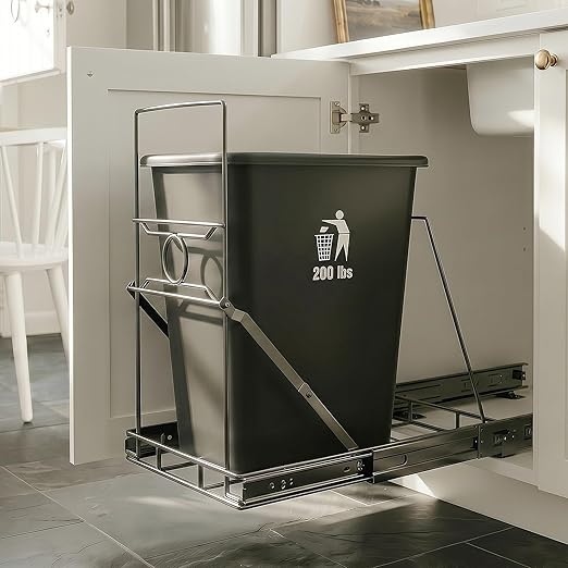 Stainless Steel Slide-Out Trash Bin Rack, Enhanced Heavy-Duty Cabinet Pull-Out System for 7–11 Gallon Cans, Black (Bin Not Included)