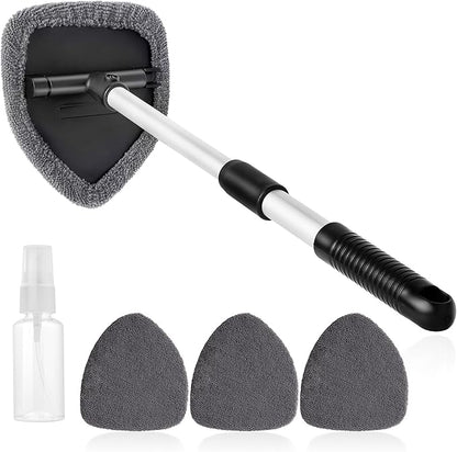 Qydipclin 11pcs Windshield Cleaner Tool, Car Window Cleaning Wash Kit with 6 Reusable Microfiber Pads 2 Spray Bottles and Extendable Handles Auto Glass Wiper Kit, Gray